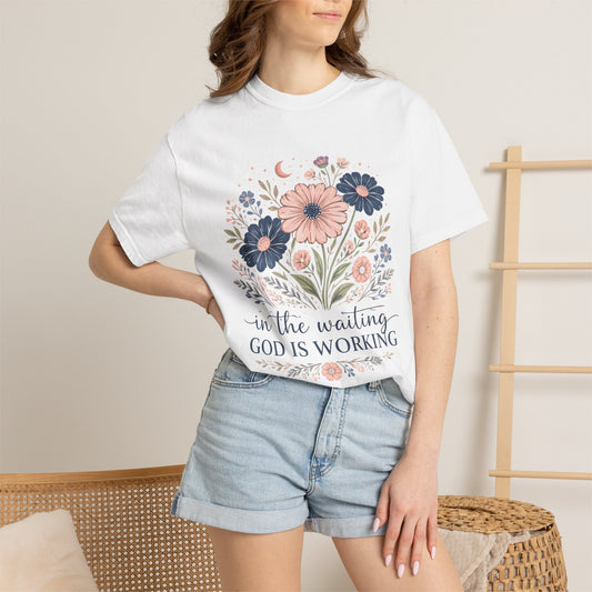 Faith Floral T-Shirt — “In the Waiting God Is Working” Inspirational Christian Tee