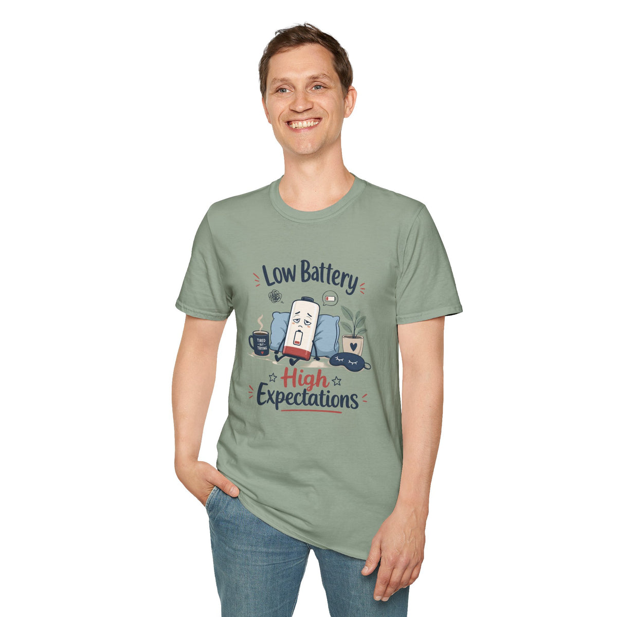 Low Battery High Expectations T-Shirt – Funny Lazy Phone Graphic Tee