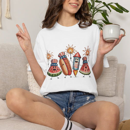 Patriotic Picnic Tee — July 4th Watermelon, Hot Dog & Firework Graphic T-Shirt
