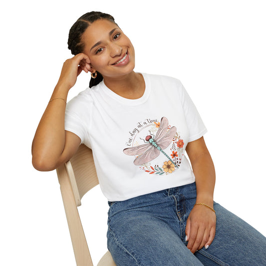 Dragonfly Floral T-Shirt – "One Day at a Time" Inspirational Tee