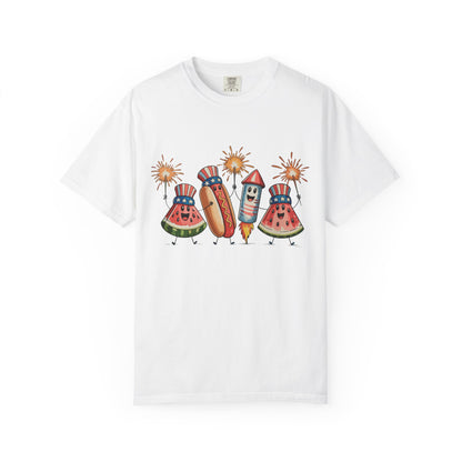 Patriotic Picnic Tee — July 4th Watermelon, Hot Dog & Firework Graphic T-Shirt