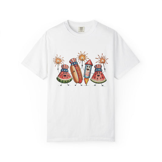 Patriotic Picnic Tee — July 4th Watermelon, Hot Dog & Firework Graphic T-Shirt