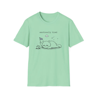 Emotionally Tired Cat T-Shirt — Cute Minimalist Illustration Tee