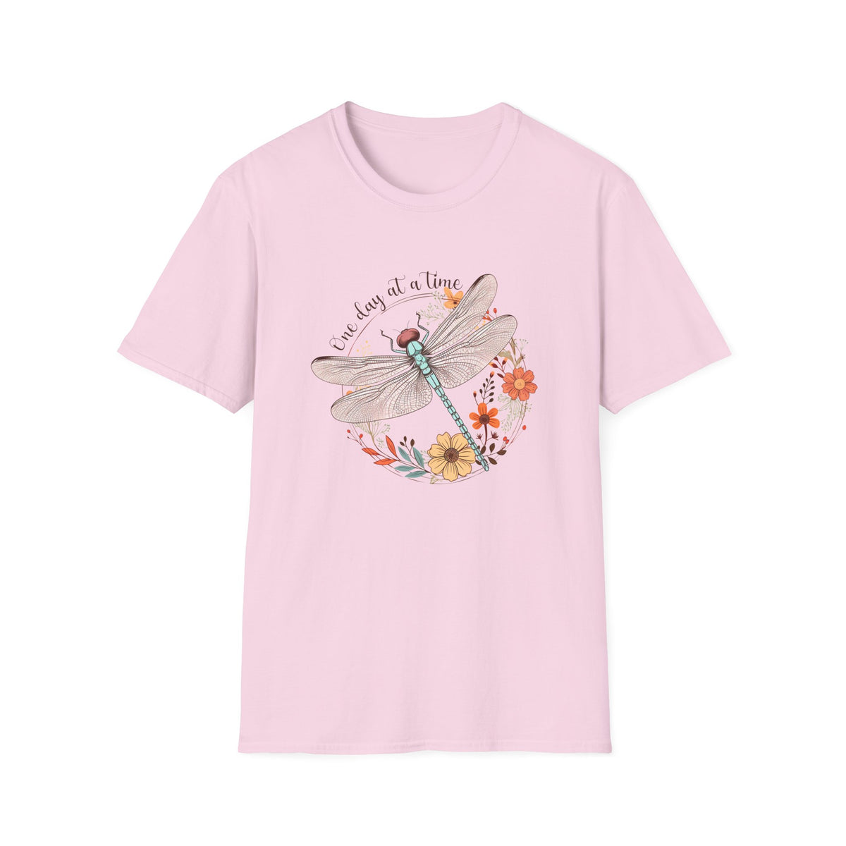 Dragonfly Floral T-Shirt – "One Day at a Time" Inspirational Tee
