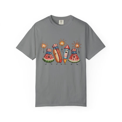 Patriotic Picnic Tee — July 4th Watermelon, Hot Dog & Firework Graphic T-Shirt