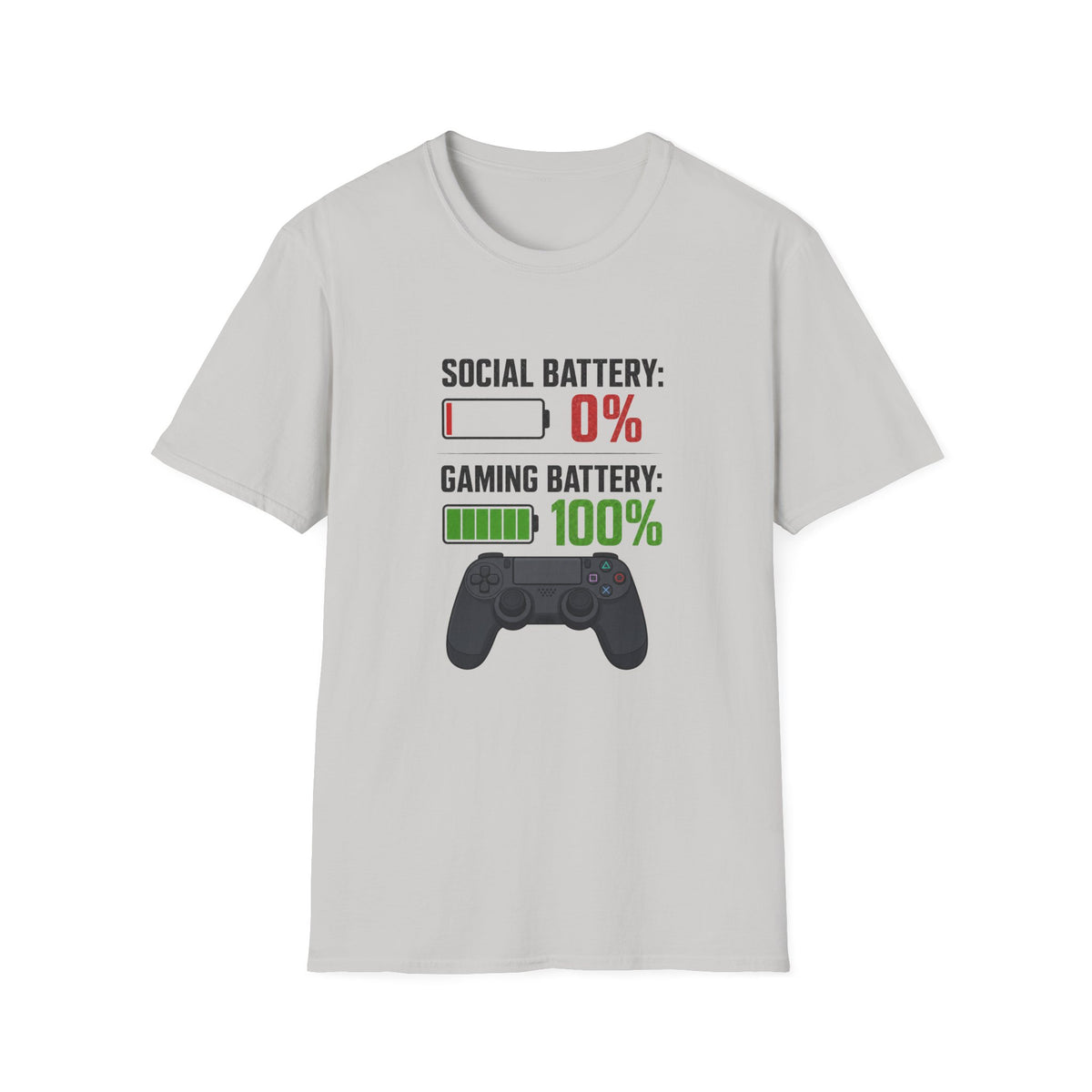 Gaming T-Shirt — “Social Battery: 0% / Gaming Battery: 100%” Gamer Controller Tee