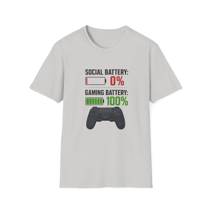Gaming T-Shirt — “Social Battery: 0% / Gaming Battery: 100%” Gamer Controller Tee