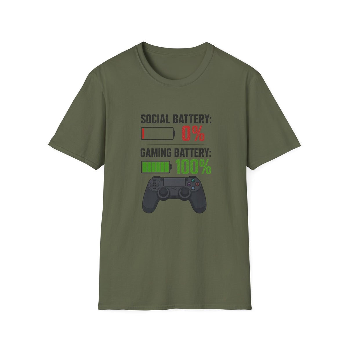 Gaming T-Shirt — “Social Battery: 0% / Gaming Battery: 100%” Gamer Controller Tee