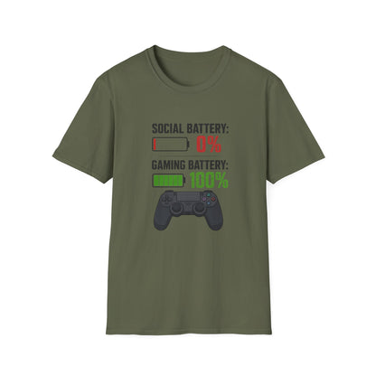 Gaming T-Shirt — “Social Battery: 0% / Gaming Battery: 100%” Gamer Controller Tee