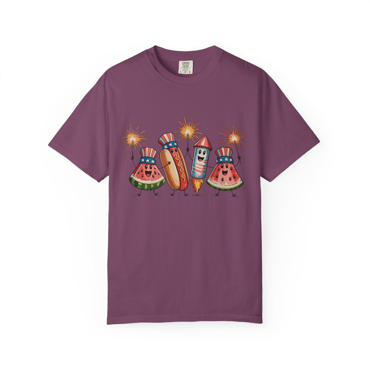 Patriotic Picnic Tee — July 4th Watermelon, Hot Dog & Firework Graphic T-Shirt