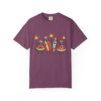 Patriotic Picnic Tee — July 4th Watermelon, Hot Dog & Firework Graphic T-Shirt