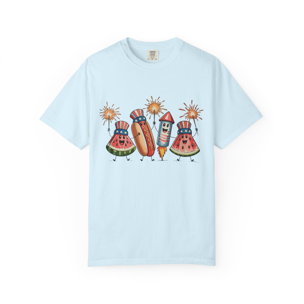 Patriotic Picnic Tee — July 4th Watermelon, Hot Dog & Firework Graphic T-Shirt