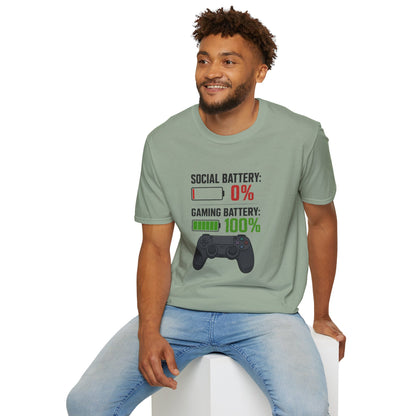 Gaming T-Shirt — “Social Battery: 0% / Gaming Battery: 100%” Gamer Controller Tee