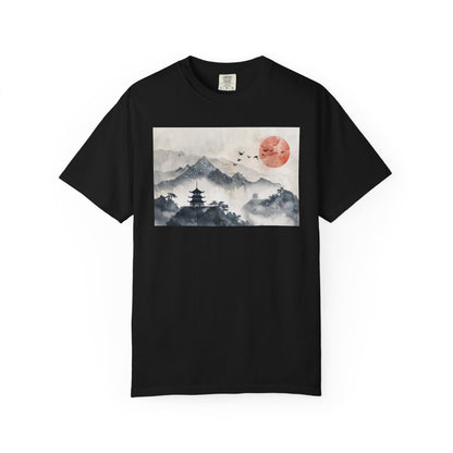 Zen Mountain Sunset T-Shirt — Japanese Pagoda Landscape Tee