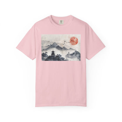 Zen Mountain Sunset T-Shirt — Japanese Pagoda Landscape Tee
