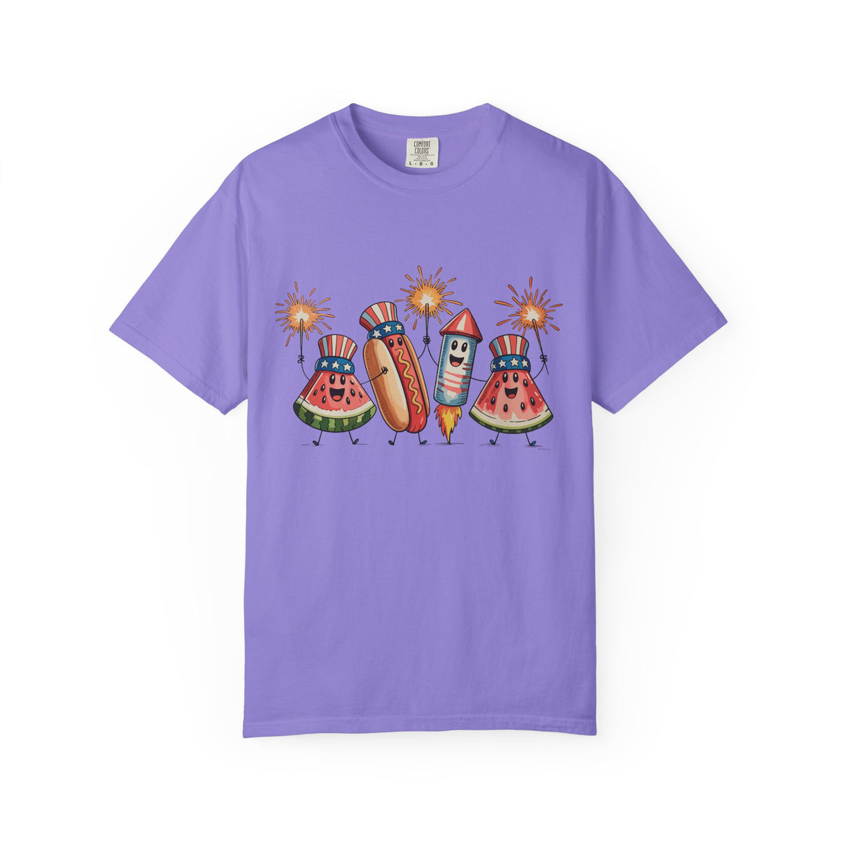 Patriotic Picnic Tee — July 4th Watermelon, Hot Dog & Firework Graphic T-Shirt