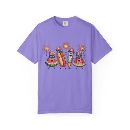 Patriotic Picnic Tee — July 4th Watermelon, Hot Dog & Firework Graphic T-Shirt