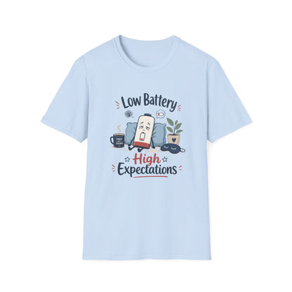 Low Battery High Expectations T-Shirt – Funny Lazy Phone Graphic Tee