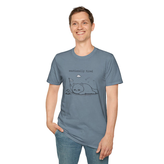 Emotionally Tired Cat T-Shirt — Cute Minimalist Illustration Tee