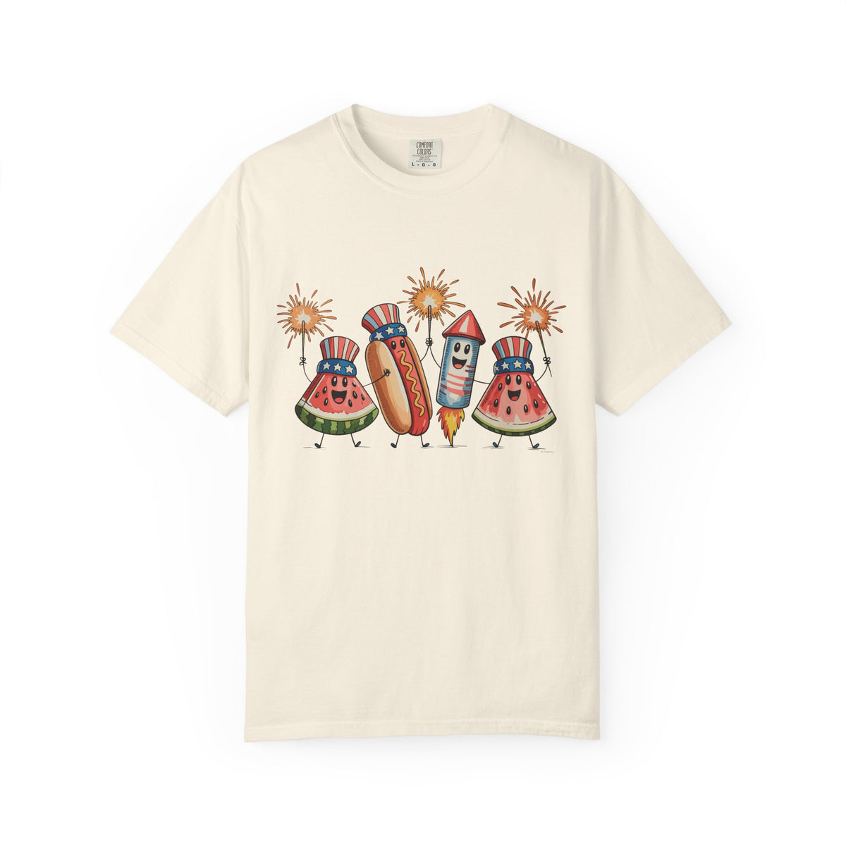 Patriotic Picnic Tee — July 4th Watermelon, Hot Dog & Firework Graphic T-Shirt