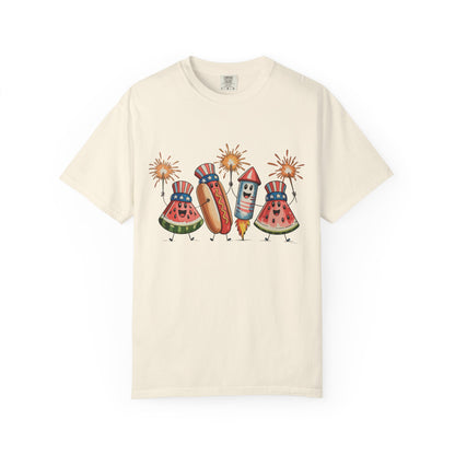 Patriotic Picnic Tee — July 4th Watermelon, Hot Dog & Firework Graphic T-Shirt