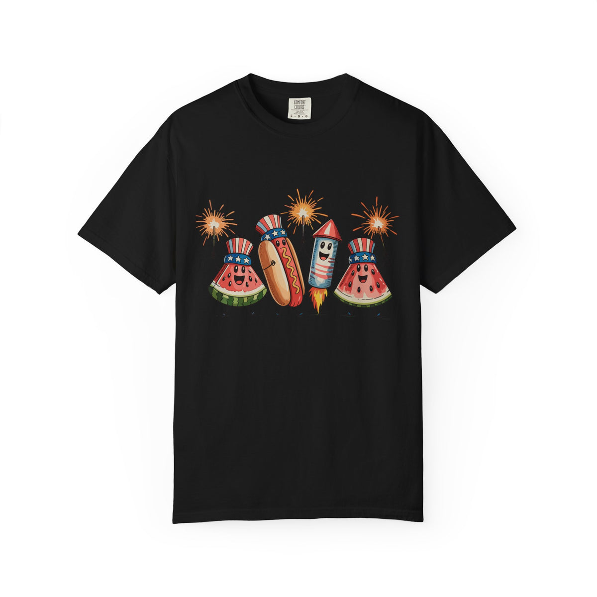 Patriotic Picnic Tee — July 4th Watermelon, Hot Dog & Firework Graphic T-Shirt