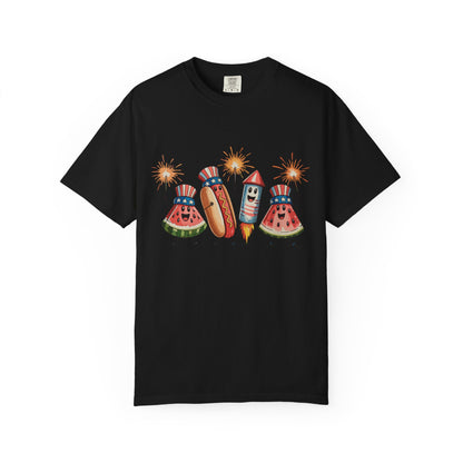 Patriotic Picnic Tee — July 4th Watermelon, Hot Dog & Firework Graphic T-Shirt