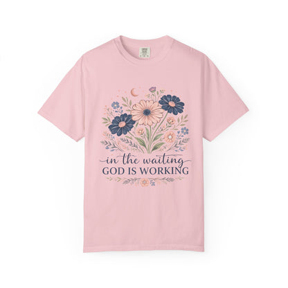 Faith Floral T-Shirt — “In the Waiting God Is Working” Inspirational Christian Tee