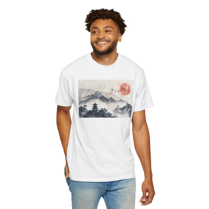 Zen Mountain Sunset T-Shirt — Japanese Pagoda Landscape Tee