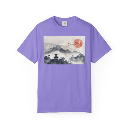 Zen Mountain Sunset T-Shirt — Japanese Pagoda Landscape Tee