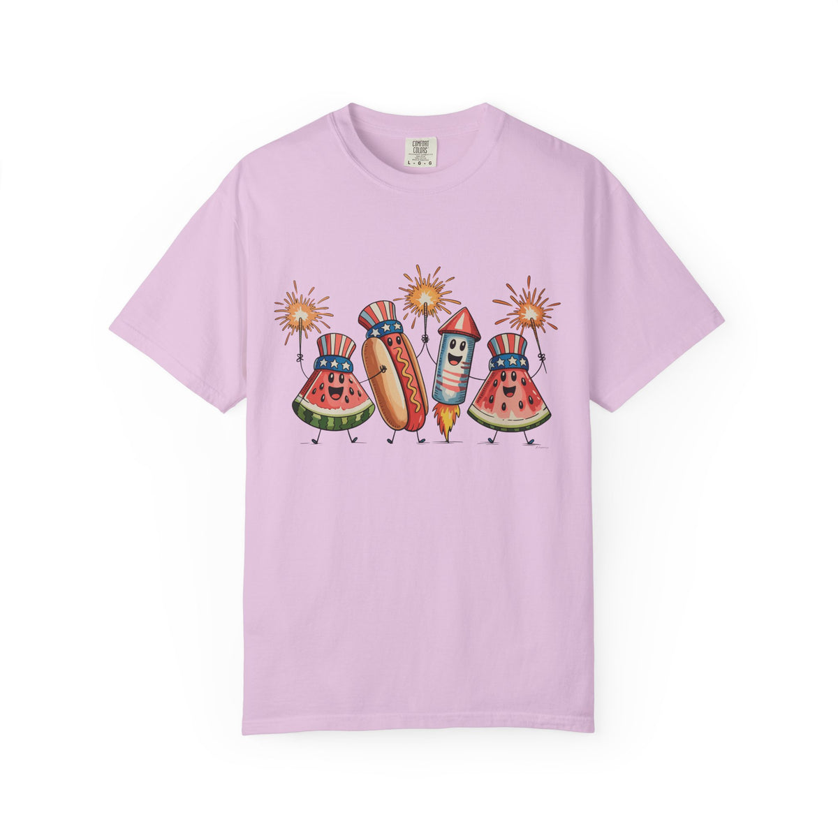 Patriotic Picnic Tee — July 4th Watermelon, Hot Dog & Firework Graphic T-Shirt