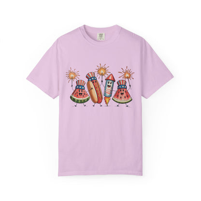 Patriotic Picnic Tee — July 4th Watermelon, Hot Dog & Firework Graphic T-Shirt
