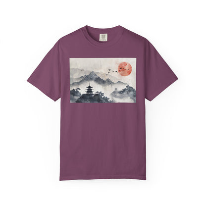 Zen Mountain Sunset T-Shirt — Japanese Pagoda Landscape Tee