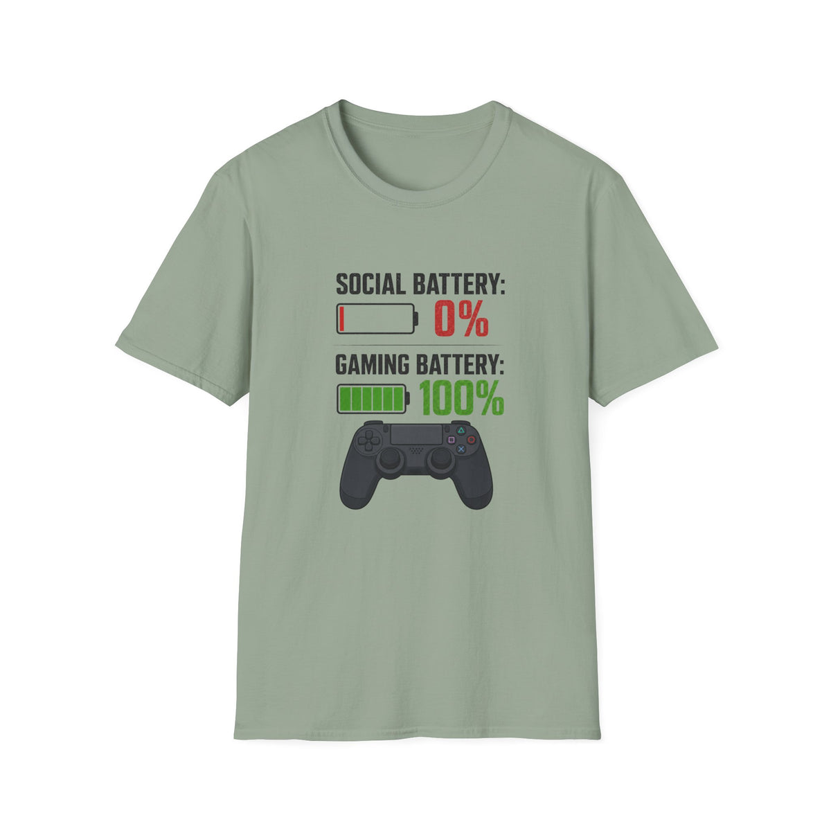 Gaming T-Shirt — “Social Battery: 0% / Gaming Battery: 100%” Gamer Controller Tee