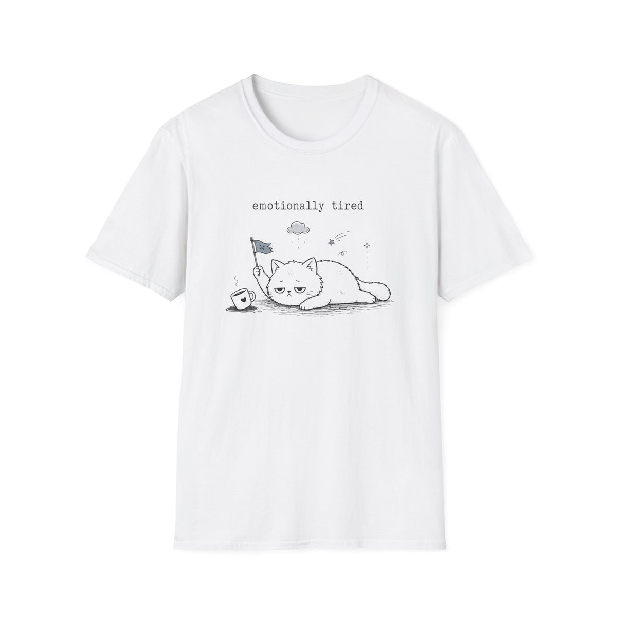 Emotionally Tired Cat T-Shirt — Cute Minimalist Illustration Tee