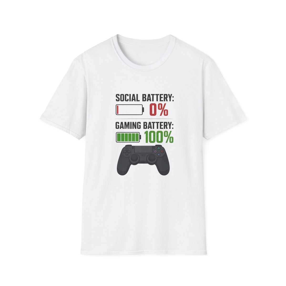 Gaming T-Shirt — “Social Battery: 0% / Gaming Battery: 100%” Gamer Controller Tee