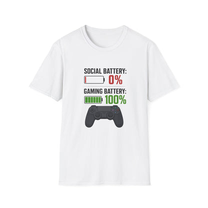 Gaming T-Shirt — “Social Battery: 0% / Gaming Battery: 100%” Gamer Controller Tee