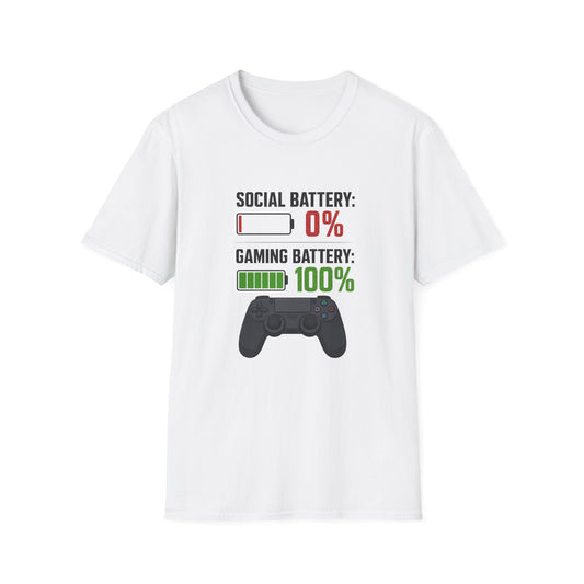 Gaming T-Shirt — “Social Battery: 0% / Gaming Battery: 100%” Gamer Controller Tee