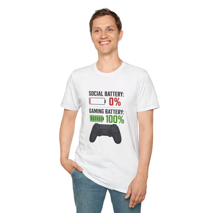 Gaming T-Shirt — “Social Battery: 0% / Gaming Battery: 100%” Gamer Controller Tee