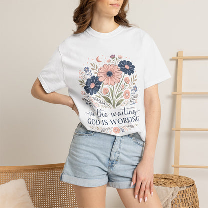 Faith Floral T-Shirt — “In the Waiting God Is Working” Inspirational Christian Tee