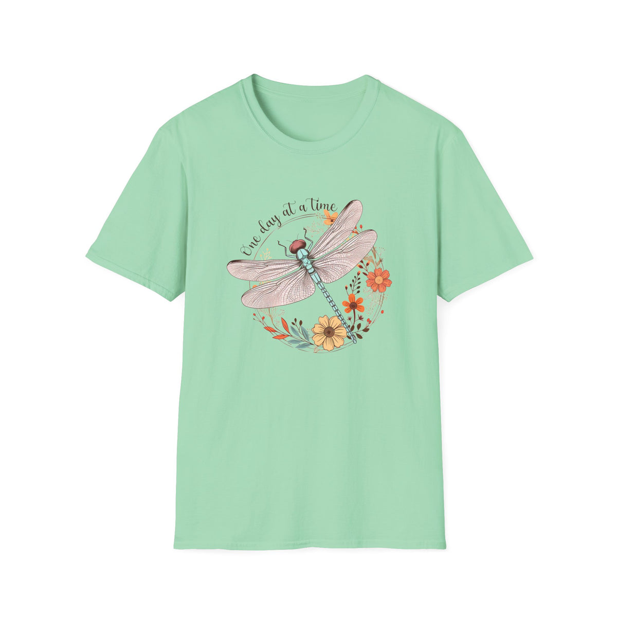 Dragonfly Floral T-Shirt – "One Day at a Time" Inspirational Tee