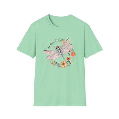 Dragonfly Floral T-Shirt – "One Day at a Time" Inspirational Tee