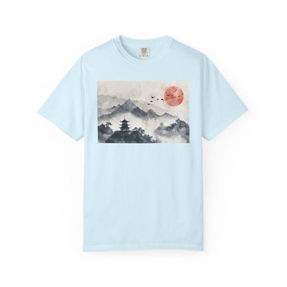 Zen Mountain Sunset T-Shirt — Japanese Pagoda Landscape Tee