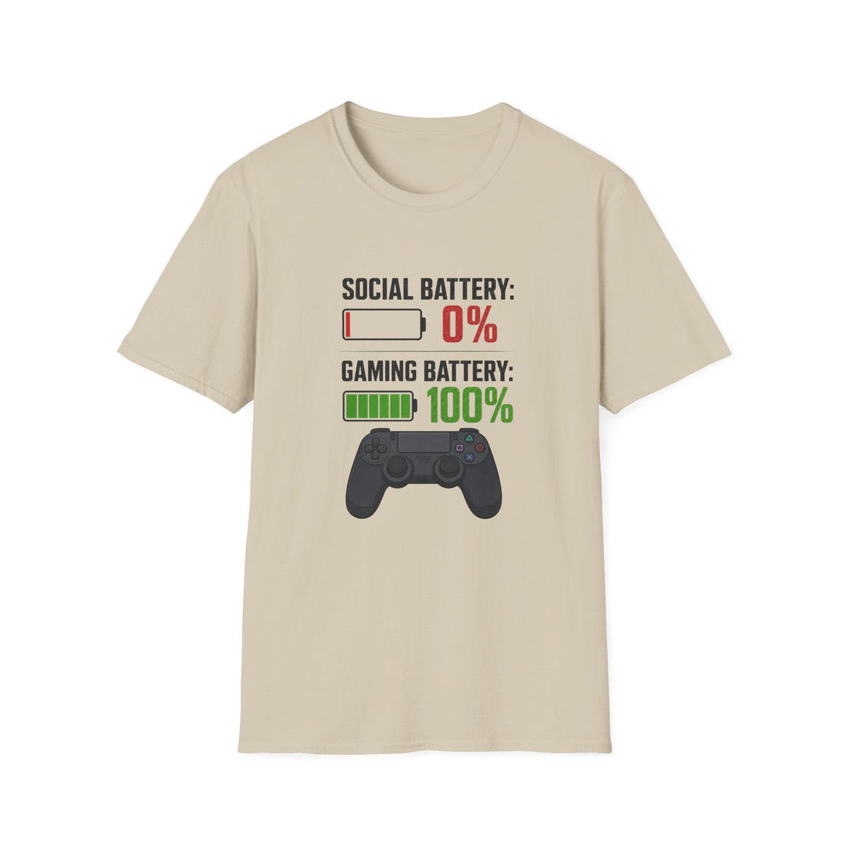 Gaming T-Shirt — “Social Battery: 0% / Gaming Battery: 100%” Gamer Controller Tee
