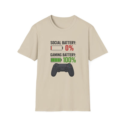 Gaming T-Shirt — “Social Battery: 0% / Gaming Battery: 100%” Gamer Controller Tee