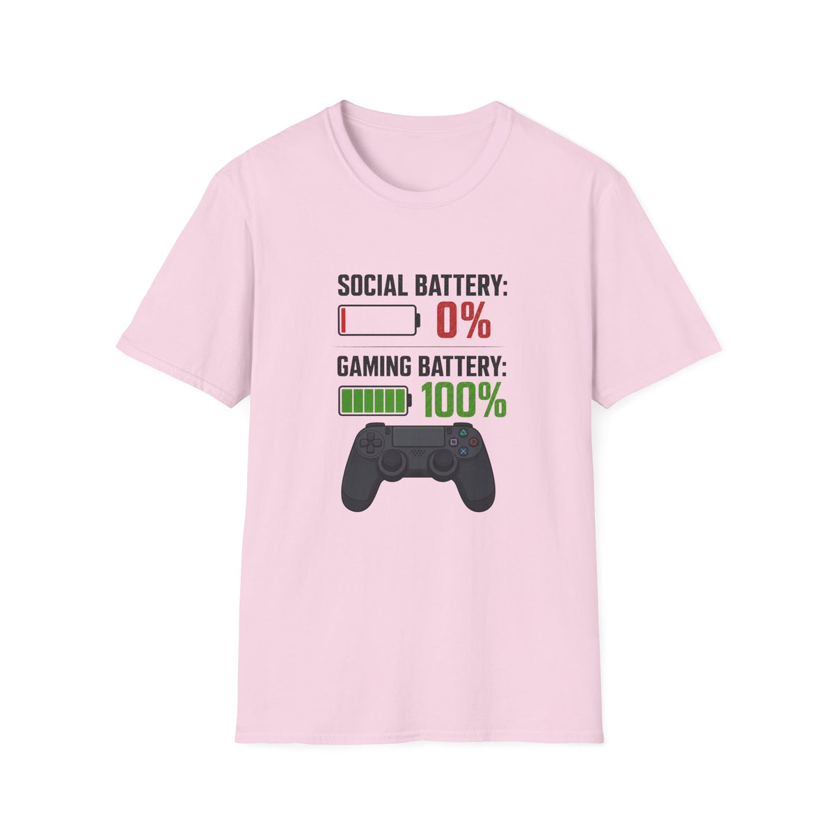 Gaming T-Shirt — “Social Battery: 0% / Gaming Battery: 100%” Gamer Controller Tee
