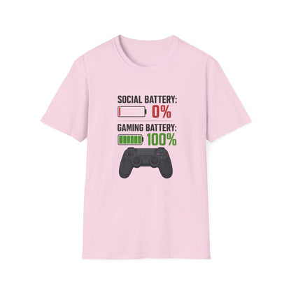 Gaming T-Shirt — “Social Battery: 0% / Gaming Battery: 100%” Gamer Controller Tee