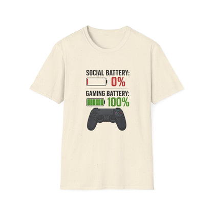 Gaming T-Shirt — “Social Battery: 0% / Gaming Battery: 100%” Gamer Controller Tee