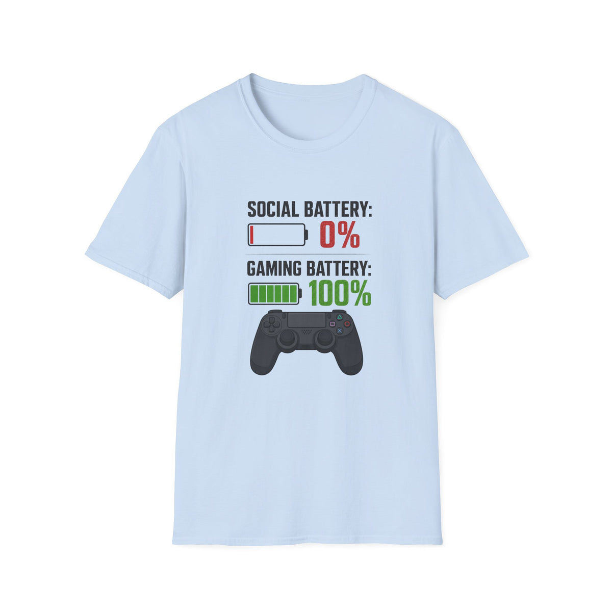 Gaming T-Shirt — “Social Battery: 0% / Gaming Battery: 100%” Gamer Controller Tee