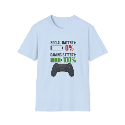 Gaming T-Shirt — “Social Battery: 0% / Gaming Battery: 100%” Gamer Controller Tee